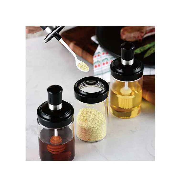 250 ml Kitchen Storage Container Spice Seasoning Bottle Glass Seasoning Salt Sugar Sealed Jar With Brush and Spoon Oil Pot