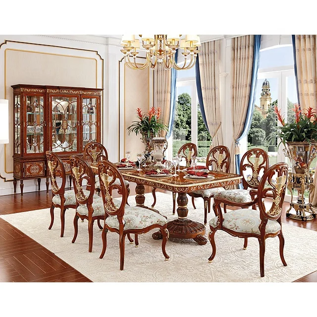Luxury European British Style Sea Shell Veneer Decorated Mahogany Wood and Gold Dining Set