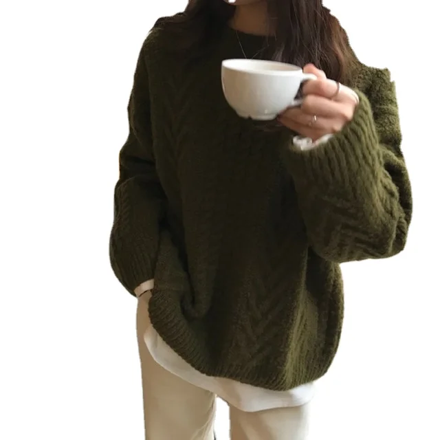 Elegant Women's Retro Twist Sweater Polyester Material Thickened Spring Loose Lazy Hong Kong Style Crew Neck for Autumn Winter