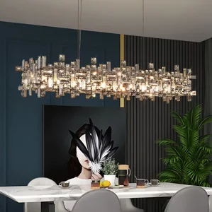 JACKSUN Elegant Rectangle Iron K9 Gray Crystal Led Chandelier Luxury Fixtures for Bar Club Dining Living Room Pendant Light