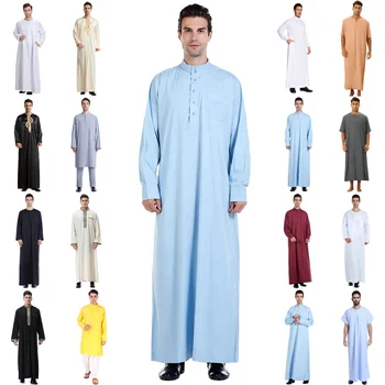 Muslim Men Long Sleeve Thobe Jubba Middle East Saudi Arab Kaftan Islamic Dubai Robes Ramadan Dishdasha