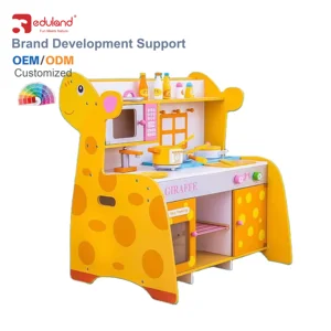 EDULAND New Children Wooden Yellow Simulation Giraffe Cooking Kitchen Box Set Educational Pretend Play Gifts Toys Kids