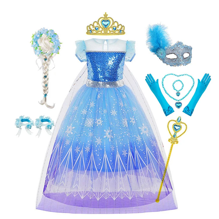 Halloween Birthday Party Elsa Princess Dresses Snow Queen Girls Cosplay  Fancy Sequin Elsa Dress Kids TV Movie Costume With Cloak