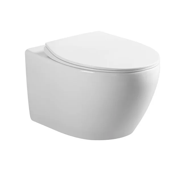 Modern Design Round Rimless Sanitary Ware Ceramic Wall Hung Toilet WC One Piece Wall Mounted UF Material Soft Closing Seat Hotel