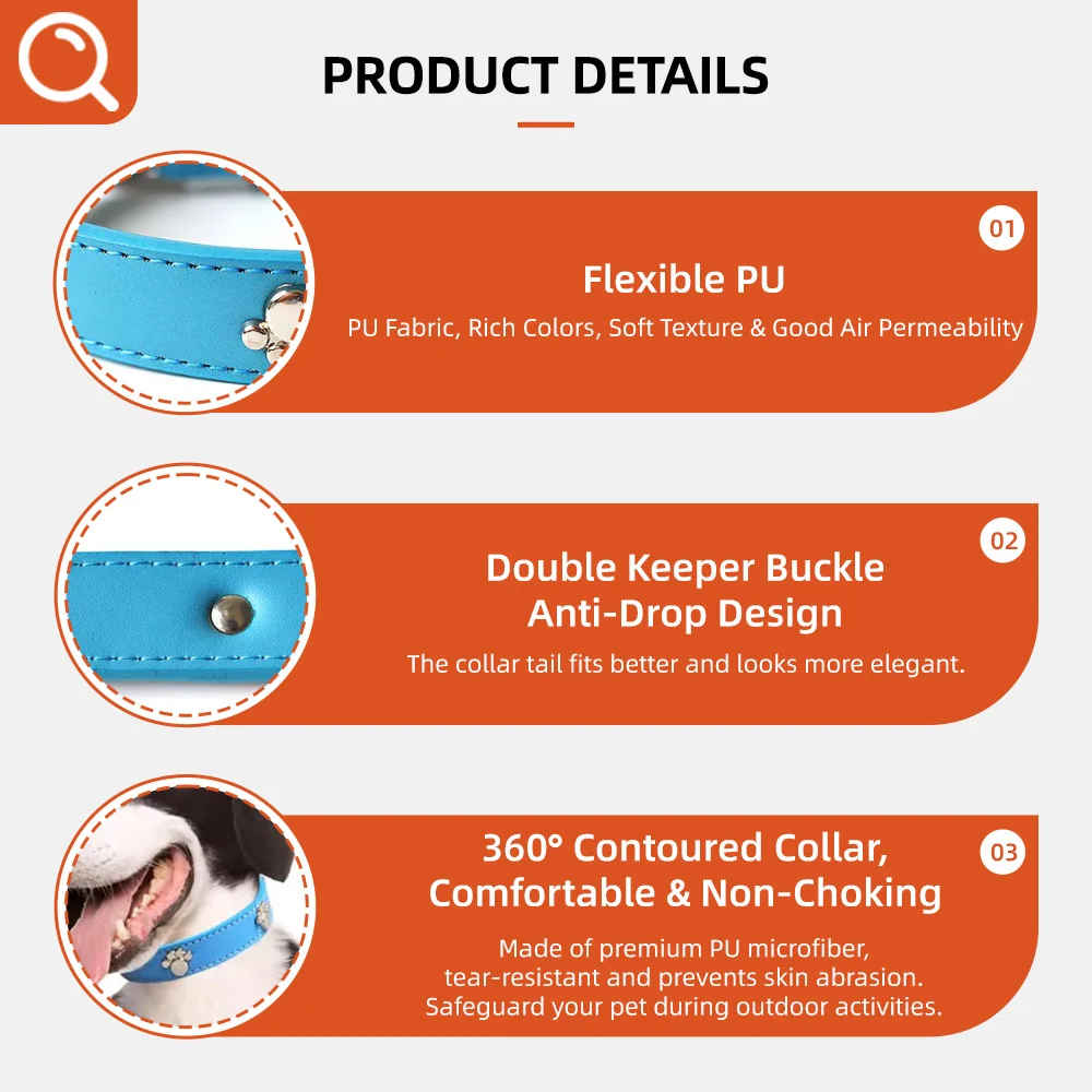 Wholesale Rolled PU Dog Collar Soft Padded Round Puppy Collar Handmade - product detail 4