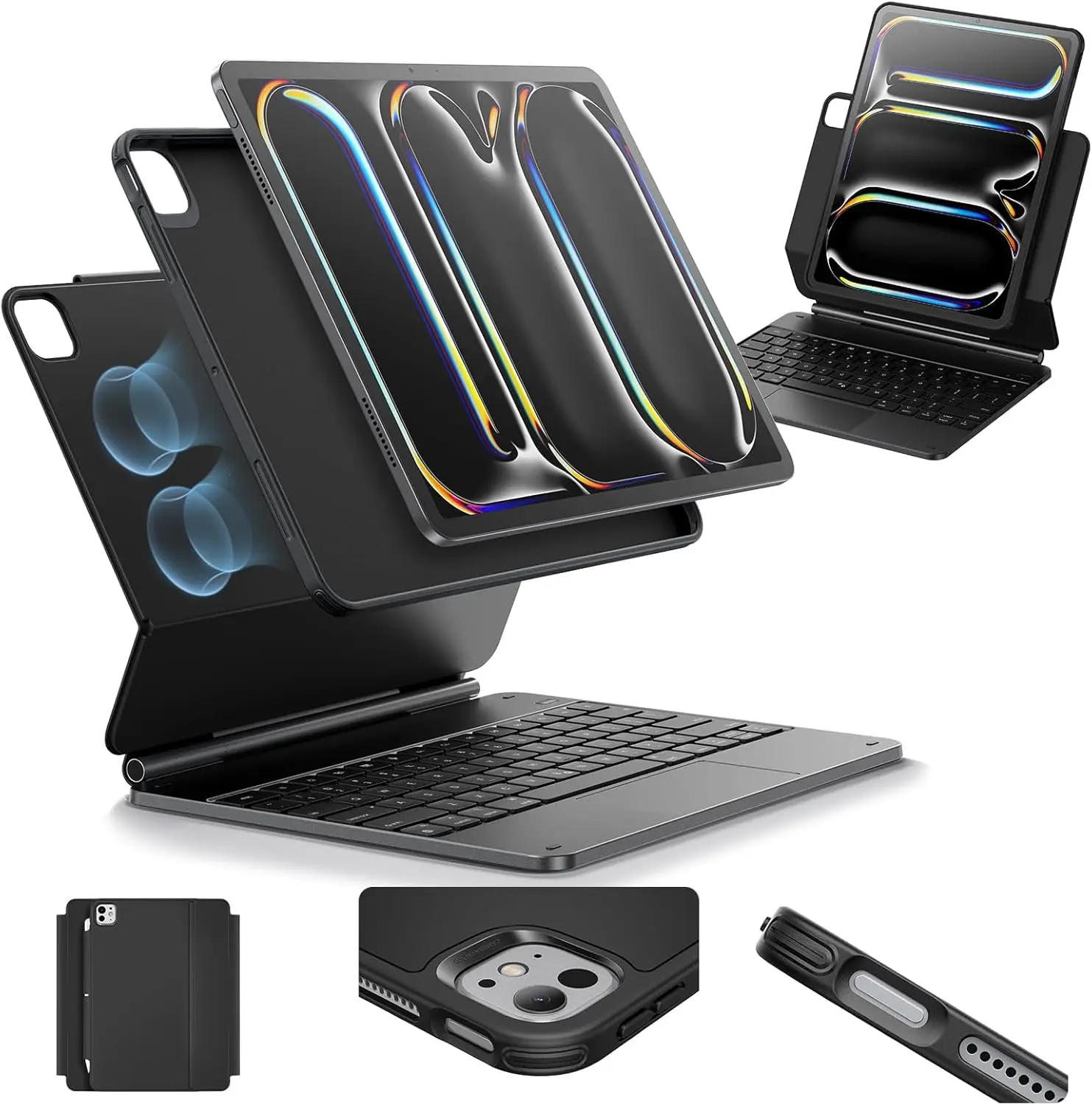 Housse pour iPad Pro 13 Pouces avec Clavier (M5/M4 2025/2024), Support Magnétique Easy-Set en Mode Portrait/Surélevé, Détachable et à Rebond 360