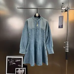 Wholesale Autumn 2026 New Fashion Elegant Casual Temperament Personality Pinch Pleated Waist Long Sleeve Denim Ladies Dress