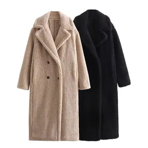 2026 Winter Women Casual Solid Coat Double Breasted Fleece Coat Loose Fit Long Coat Women Vintage Oversized Long Jacket