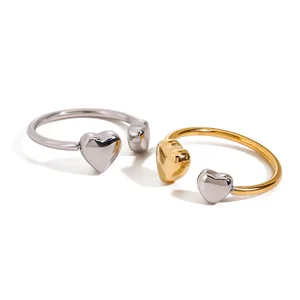 MW Women's Trendy Simple Stylish 18K Gold Plated Stainless Steel Two-Tone Heart-Shaped Adjustable Ring for Engagement