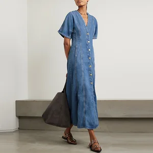 Clothing Manufacturer Custom Spring Summer Light Blue v Neck Short Sleeve Elegant Casual Cotton Jean Dresses Denim Women
