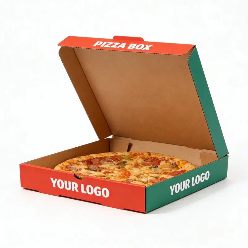 Biomateriális, komposztálható pizzás doboz, környezetbarát kraft hullámpapír pizzacsomagoló doboz, egyedi nyomtatással ellátott szállító pizzás doboz