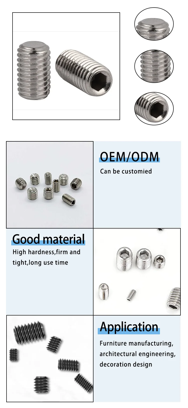 Ansi M3-M8 3mm-16mm Stainless Steel Zinc Plated Flat Point Hex Socket Set Screws For Bathroom Faucet Doors details