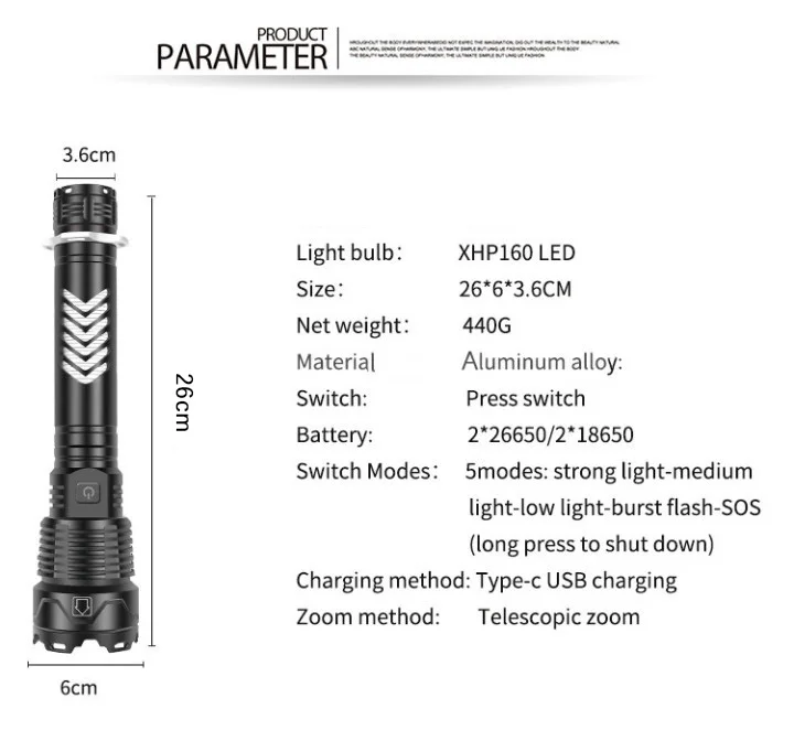 3000 High Lumen XHP160 Powerful Long Distance rechargeable Zoomable LED Tactical torches light Aluminum Alloy Flashlights supplier