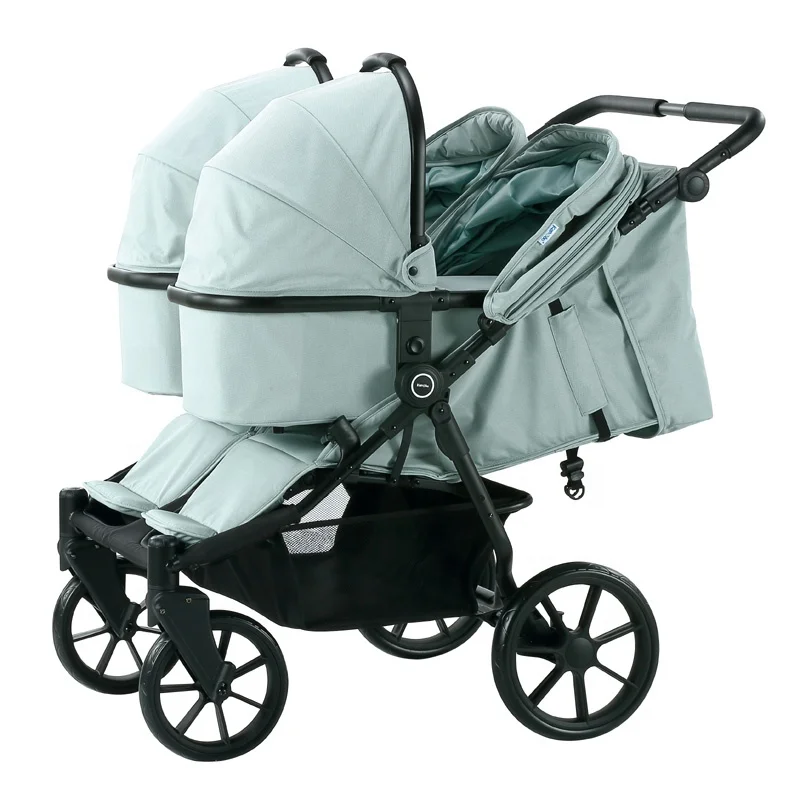 Multi Functional Outer Travel Folding System Twin Baby Stroller 3 in 1 Baby Pram With Carry Cot & Car Seat Four Big PU Wheels