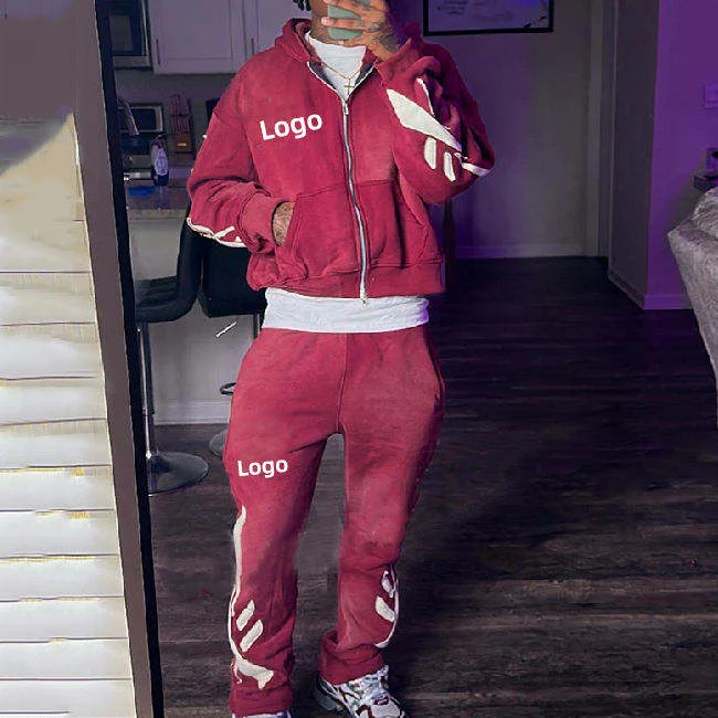 SALATI Custom High Quality Cotton Tracksuits French Terry Flared Sweatpants and Hoodie Men Streetwear Acid Wash Sweatsuit Set gallery 8