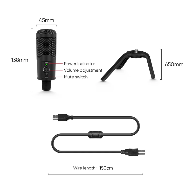 Zinc Alloy Studio Condenser Mic Streaming Recording USB Cable Computer Gaming Microphone with Tripod  Stand