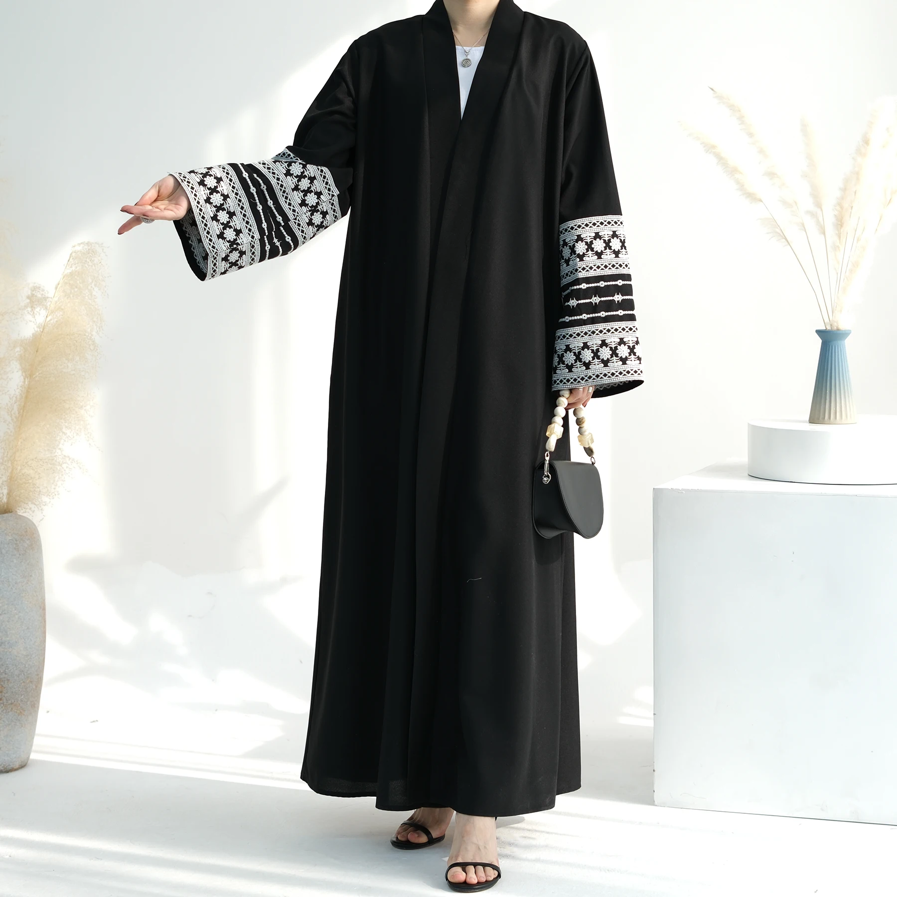 2024 Ramadan Linen Embroidery  Linen Open Abaya Femmes Robe Musulmane  Abaya Women Muslim Dress  Islamic Clothing