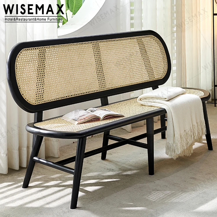WISEMAX FURNITURE Modern Design Furniture Solid Wooden Long Bench Natural Rattan Sheef Woven Chair Bench for Garden and Cafe Sho
