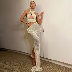 Crochet Flower Two Piece Set Women See Through Sexy Knit Cross Bandage Camisole Crop Top+Split Long Skirt Matching Set