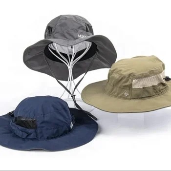 Custom Sunscreen Polyester Bucket Cap with Embroidered Logo Mesh Insert Windproof Cord Wide Brim Bucket Hat