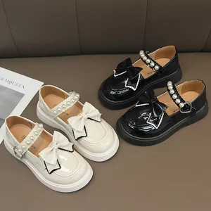 Wholesale Soft Bottom New Girls' Korean Pearl Bow Princess Casual Mary Jane Flats Leather Princess Shoes