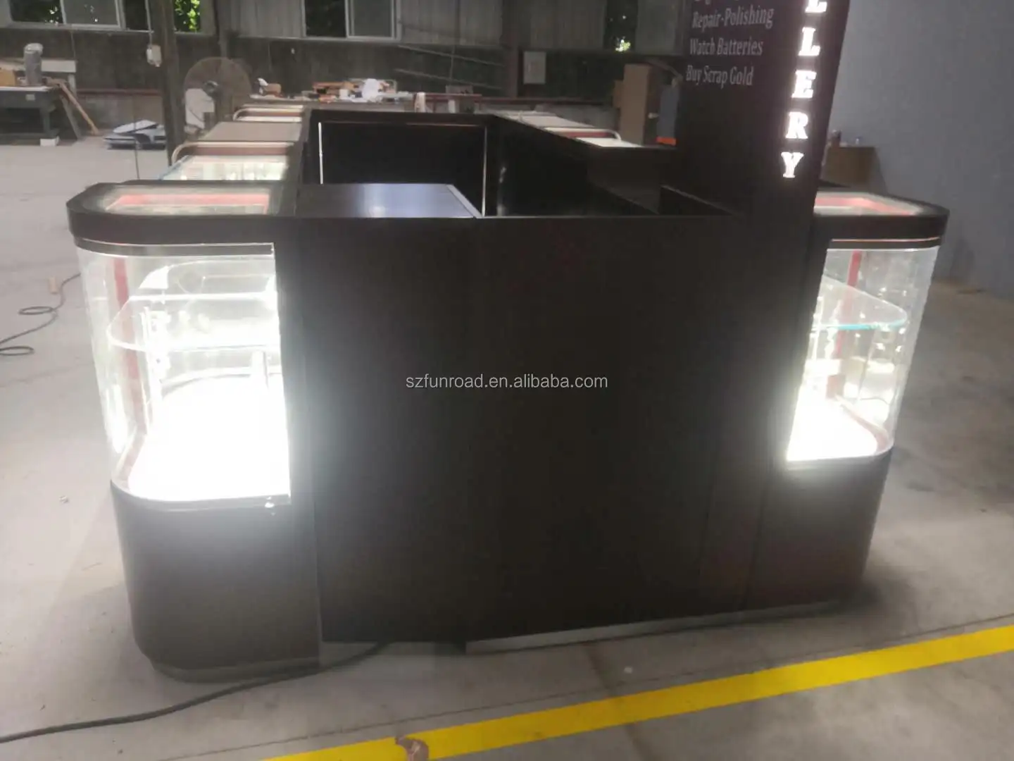Custom design modern Glass and wooden jewelry display kiosk with rolling door