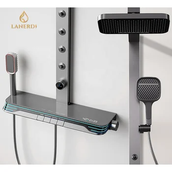 Lanerdi Smart LED Display Thermostactic 4 Way Diverter Rainfall Shower Set with Body Jets Exposed Shower Faucet Bathroom