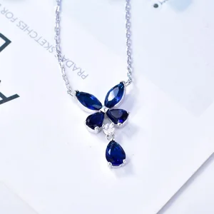 Women Fashion Jewelry Rhodium Plated 925 Sterling Silver Necklaces Natural Sapphire Butterfly Crystal Necklace