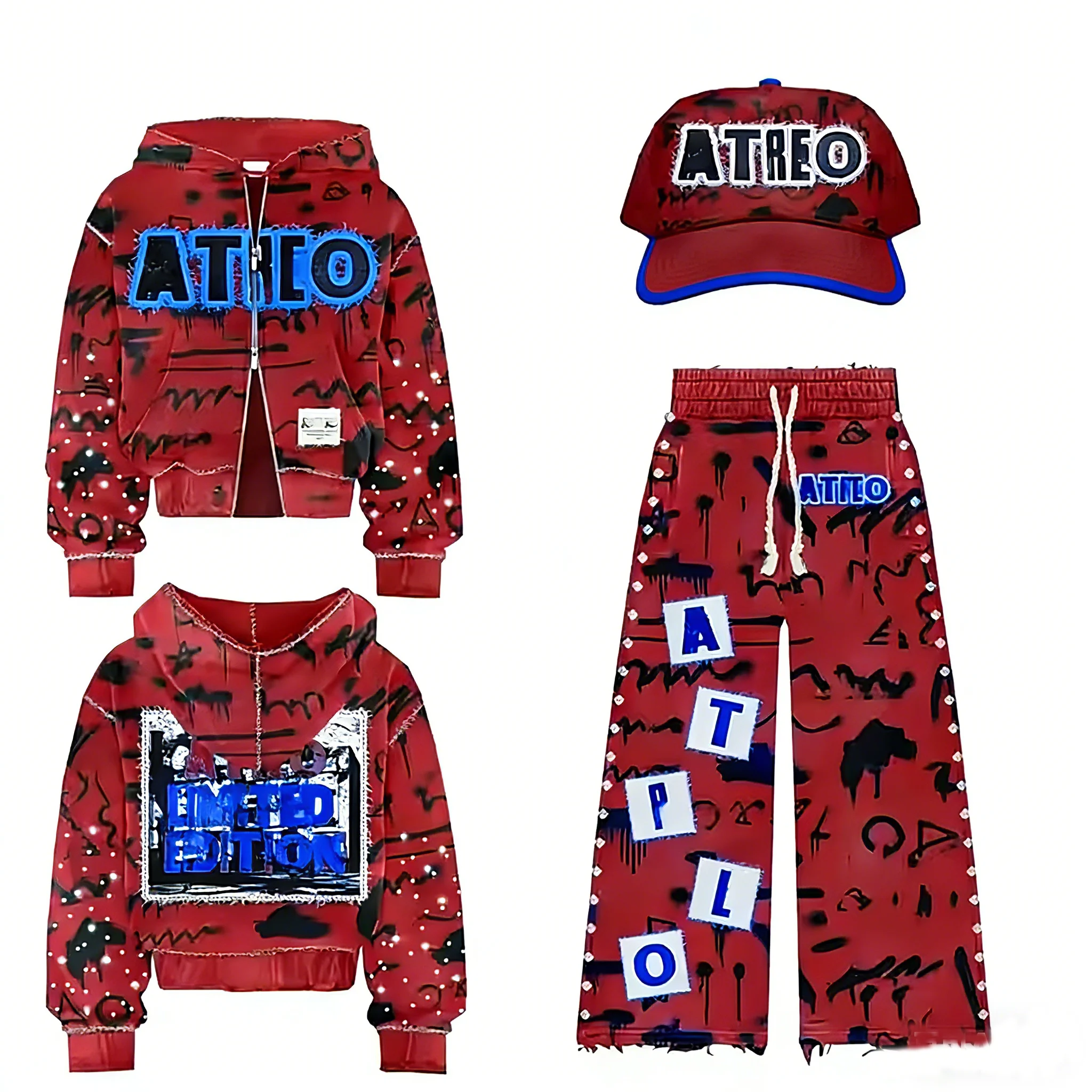 SALATI Custom Rhinestone Hoodie Men Oversized Cropped Acid Wash Zip up Distressed Vintage Sweatpants and Hoodie Set gallery 6