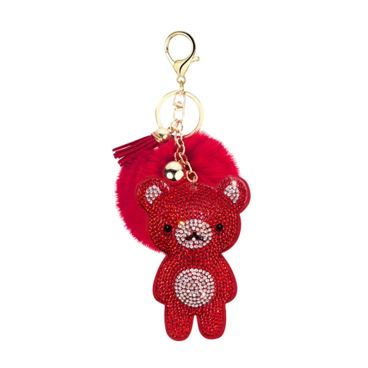 High Quality Leather Strap Car Key Chain Strass Rhinestone Bling Teddy Bear Keychain For Bag Pendant