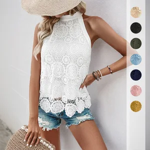 For Explosions European American Summer Hot Elegant Vintage Bow Vest Vacation Casual Lace Solid Color Hanging Neck Top Women