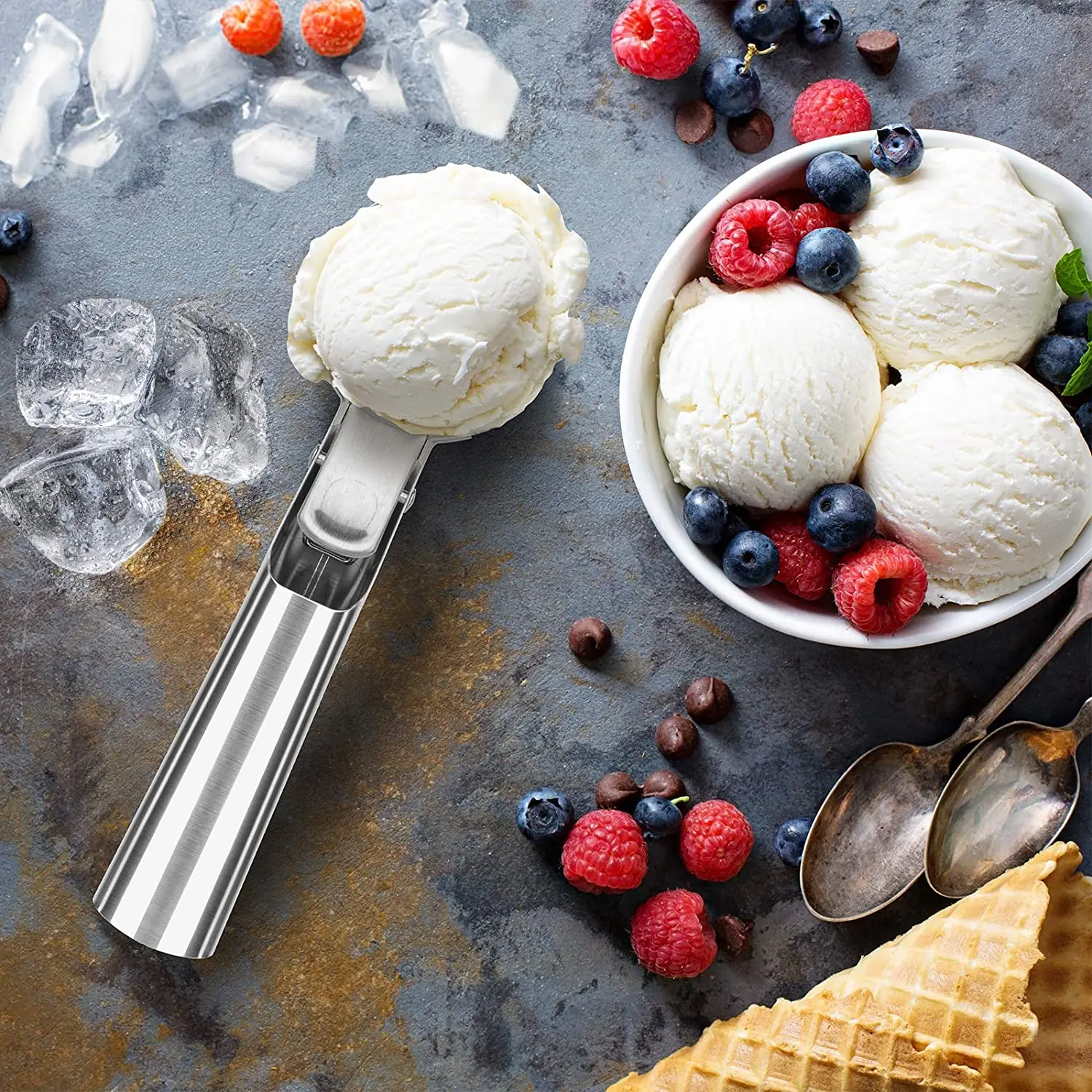 2PCS Summer Ice Cream Scoop with Trigger, Stainless Steel Ice
