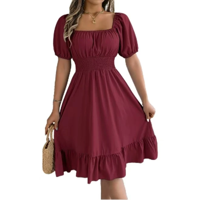 Fashionable Casual Square Neck Dress for Women Short Sleeved Waist Cinched  Ruffle Aline Style| Alibaba.com