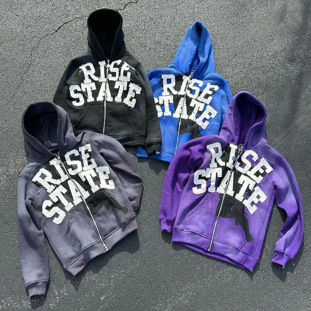 Rainbow Spray Custom LOGO Patch Embroidery Faded French Terry Distressed Embroidered Zip up Acid Wash Hoodie