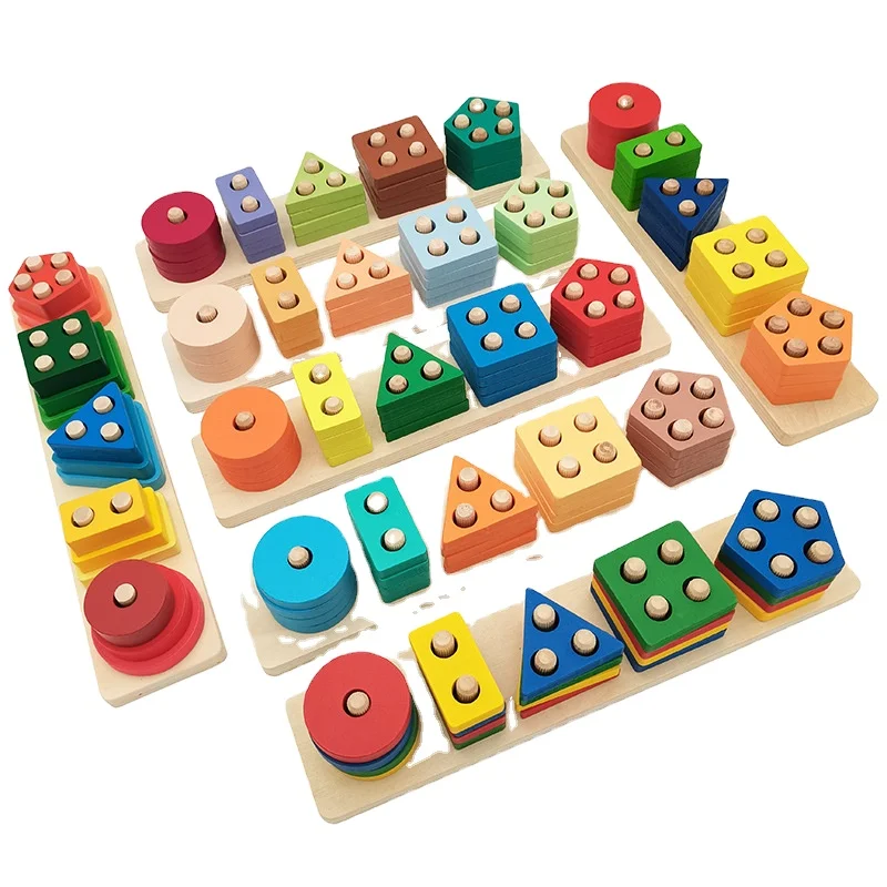 Kids Wooden Blocks Learning Educational Toy Geometric Shape Matching Building Block Toys Columns Matching Blocks Toy