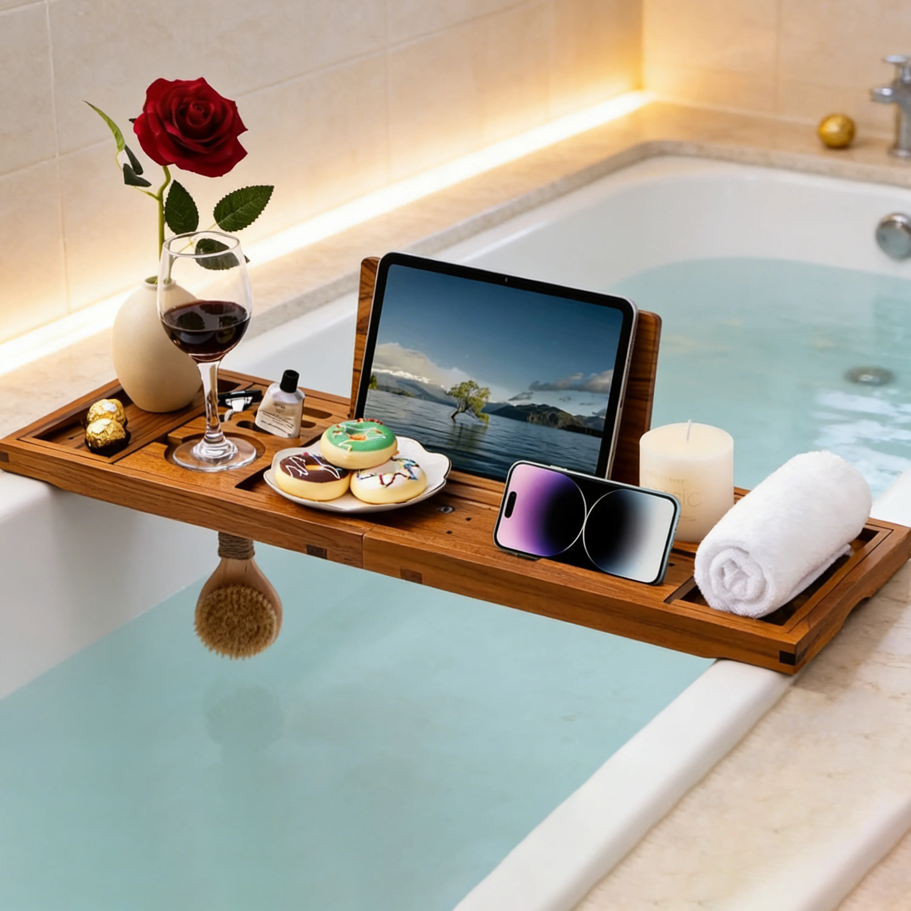 Expandable Bamboo Bathtub Caddy Tray Luxury Bath Shelf Tablet Phone Holder Wine Glass Slot Spa Organizer Two-piece Bathroom