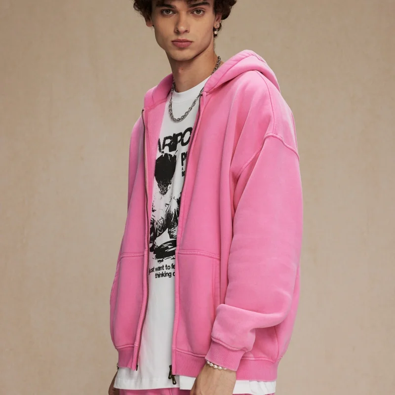 Vintage Winter 360g 52% Cotton Wax Printing Distressed Faded Raglan Sleeve Oversized Blank Men's Double Zippers Hoodie