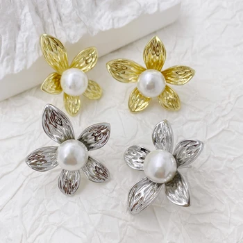 Trendy Pearl Shaped Earrings Spring Gold Silver Shell Pearl Flower Stud Earrings For Party