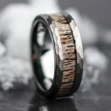 Hammered Silver Plated Inlay Deer Antler 8mm Tungsten Ring for Men Luxury Jewelry