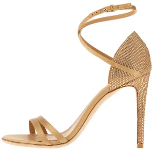 Women Gold Rhinestone Embellished Strappy Sandals Stiletto Heel Ankle Wrap Luxury Elegant Party Daily Comfort ODM Customize Logo