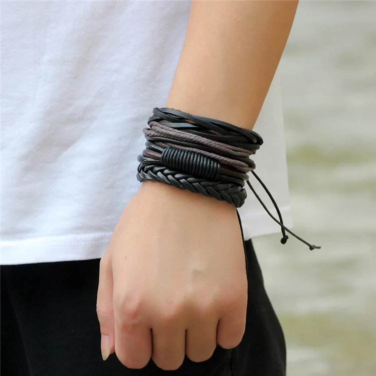 Simple Vintage Woven Jewelry Diy Charm Bracelet Handmade Multi-layer Mens  Leather Bracelets