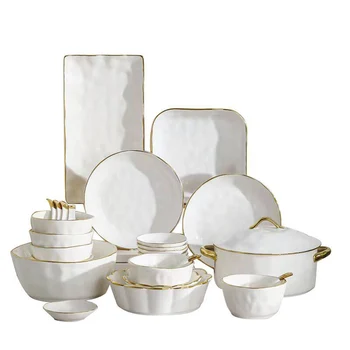 Ceramic Gold Rimmed Three-Dimensional Hand Pinched Textured Dinner Plate Inc Minimalist Set