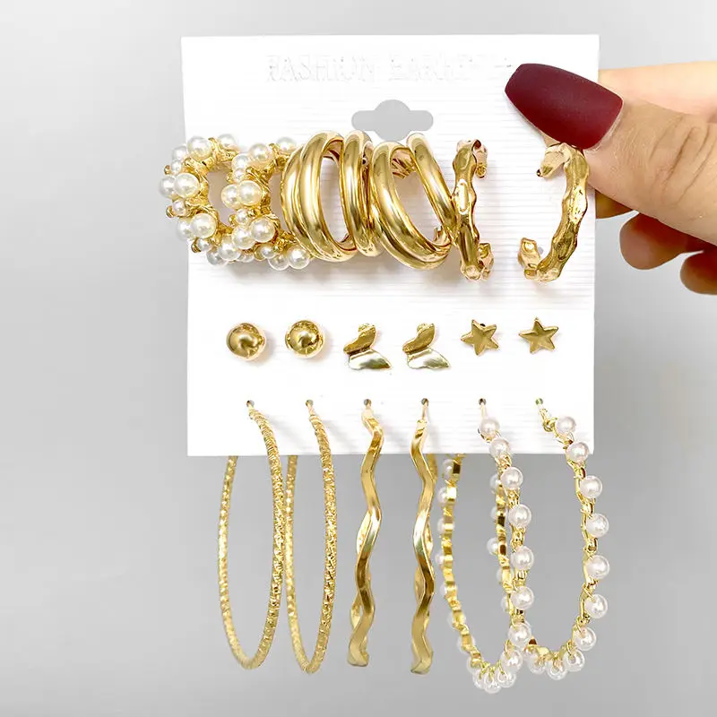 Lefeng Trendy Gold Metal Earrings Set For Women Fashion Geometric Pearl ...