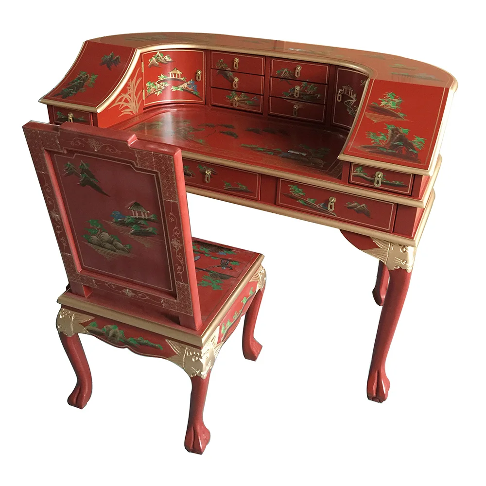 Solid Wood Makeup Table Vanities Set Multiple Drawers Gold Silver Foil Painted Flower Bird Design Includes Bedroom Apartment