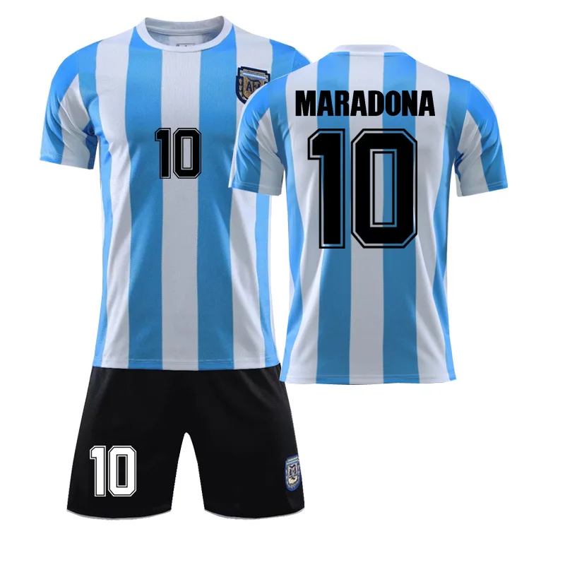 Set di Maglie da Calcio Commemorative retrò Diego Maradona No.10 Maglia da Calcio Argentina Home Maglietta e Pantaloncini commemorativi della Coppa del Mondo di Calcio Argentina 1986 
