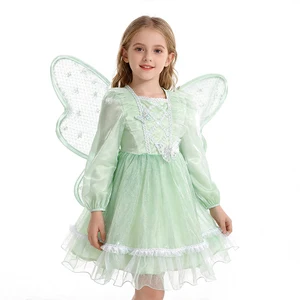 Dream Party Sequin Butterfly Wing Green Tulle 100% Polyester Stage Performance Dress Kids Fairy Costume for Dress-Up Parties