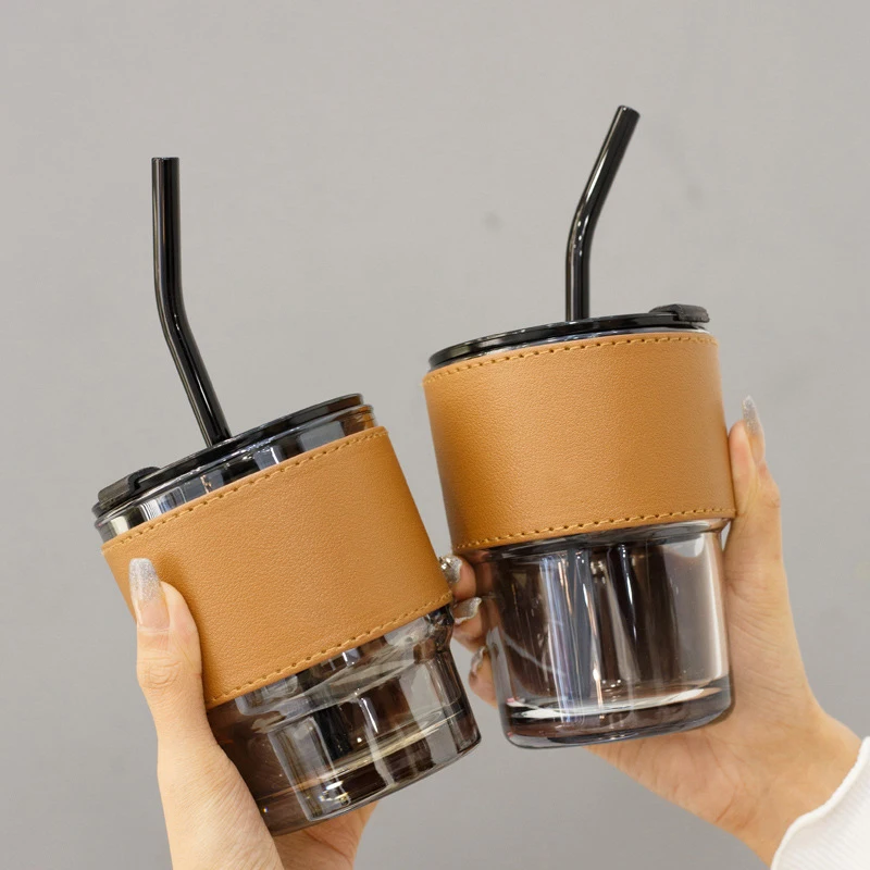 Custom Creative Transparent Glass Thermal Insulation Glass Coffee Mug Portable Leather Case With Lid Straw