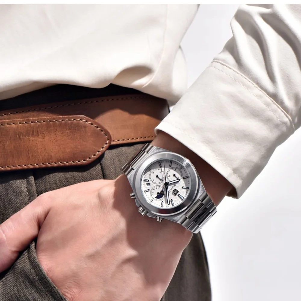 BENYAR 5220 Classic Business Watch Quartz Stainless Steel Waterproof Watch Multi Functional Moon Phase Dial Watches for Man