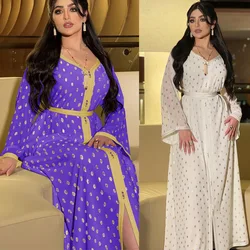 New Muslim Abaya From Dubai Women Dress 2021 Purple Polka Dot Gold Stamp Arabic Djellaba Moroccan Kaftan Turkey Islamic Clothing