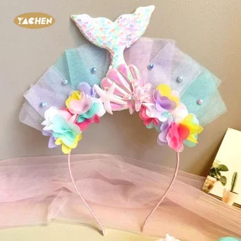 Yachen Ins Mermaid Tail Headband Mermaid Fish Tail Starfish Hair Accessories for Girls Mermaid Favor Party Decorations